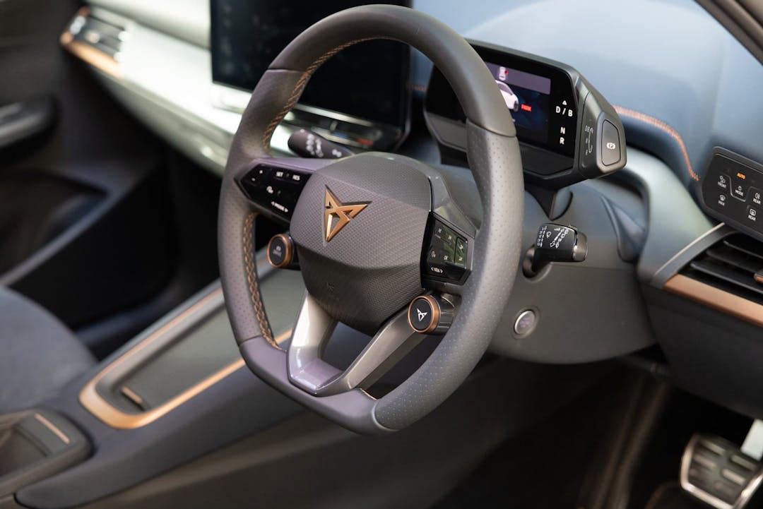 Cupra Born interior steering wheel with copper accents