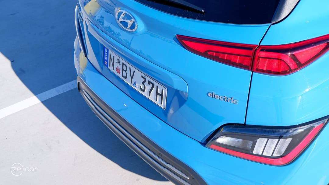 Blue Hyundai Kona Electric rear bumper and wheels