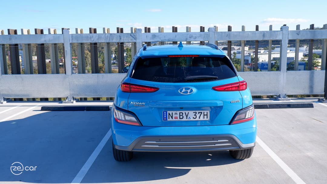 Blue Hyundai Kona Electric rear view