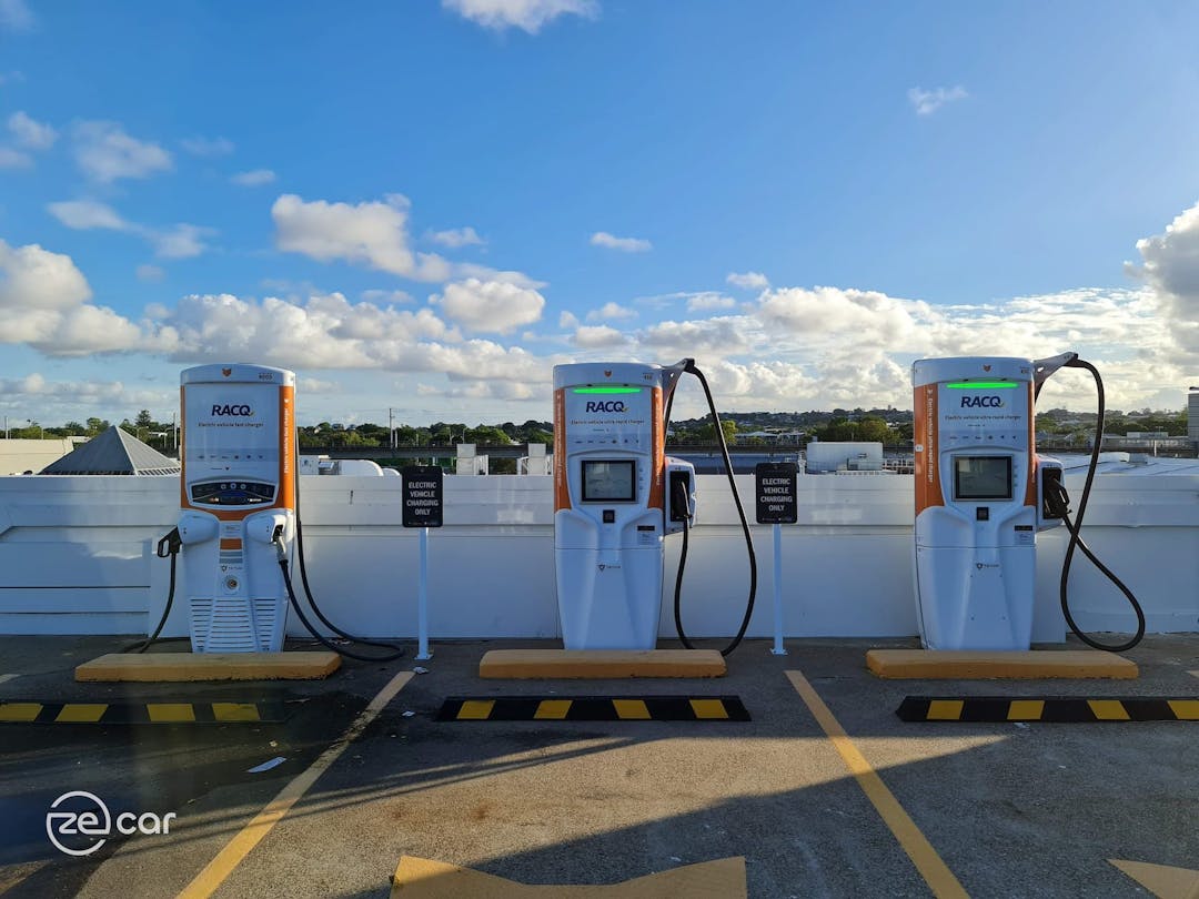 Three Tritium Chargefox RACQ EV chargers on Toombul rooftop