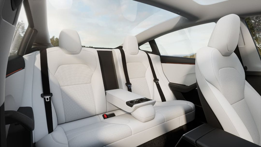 2024 White Tesla Model 3 Rear Seats Middle Seat Bent Down