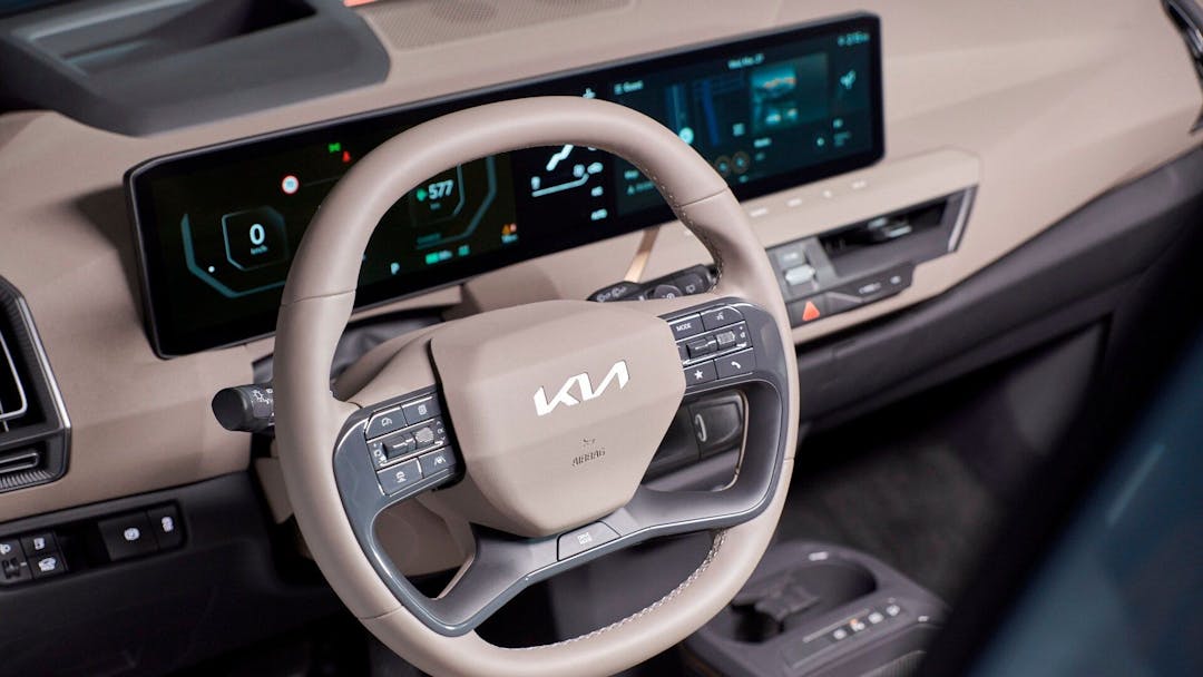 Kia EV5 interior view of steering wheel and instrument display