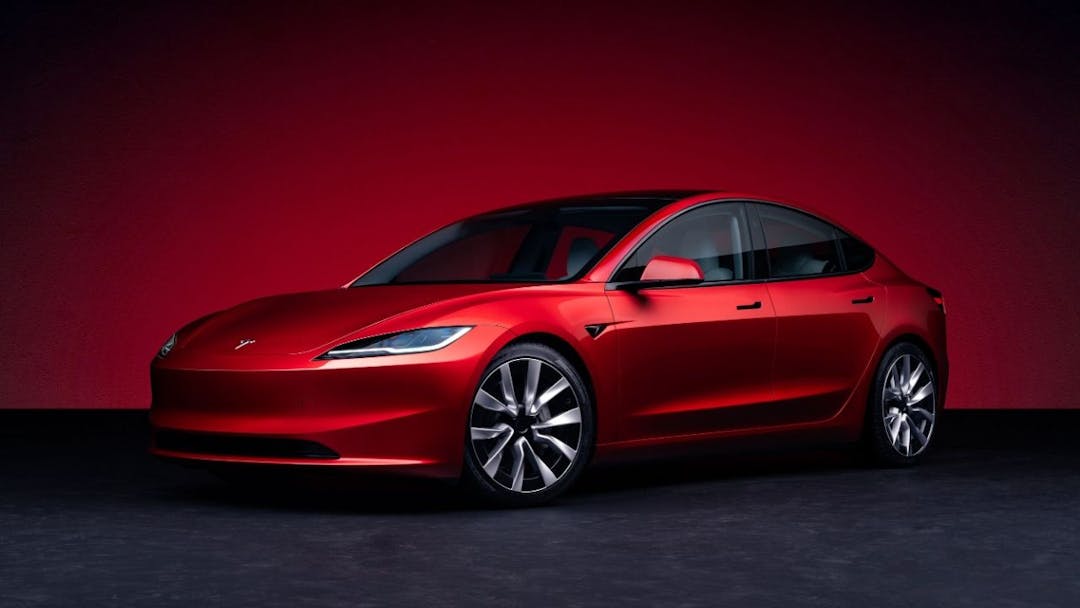 2024 Red Tesla Model 3 facelift front 
