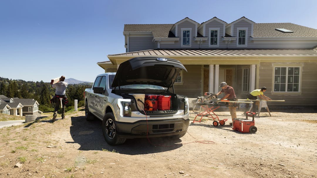 Ford F-150 Lightning powering a worksite using V2L outlets from frunk