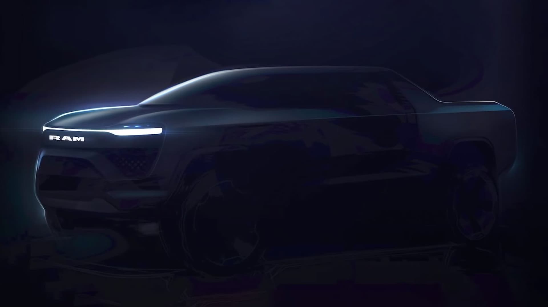 Electric RAM 1500 ute shadowy silhouette teaser render Electric RAM 1500 ute shadowy silhouette teaser render