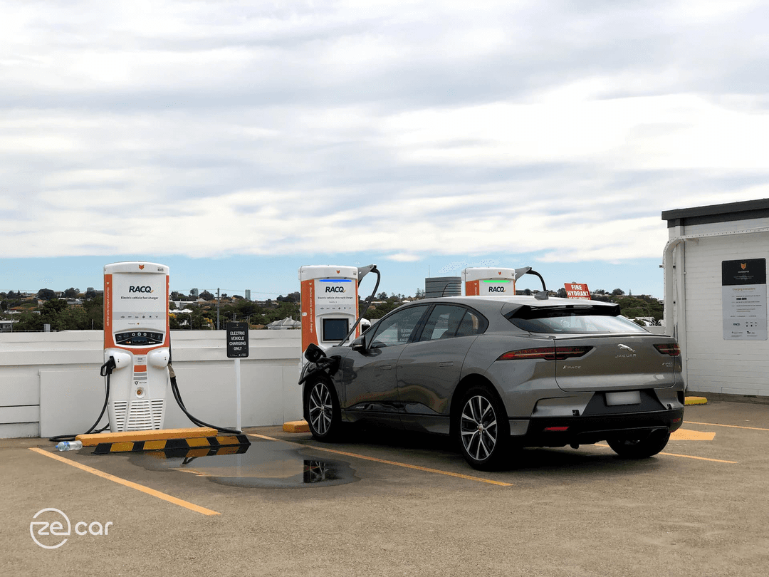 Jaguar i-Pace charging at Chargefox 350kW Toombul rooftop charger Jaguar i-Pace charging at Chargefox 350kW Toombul rooftop charger