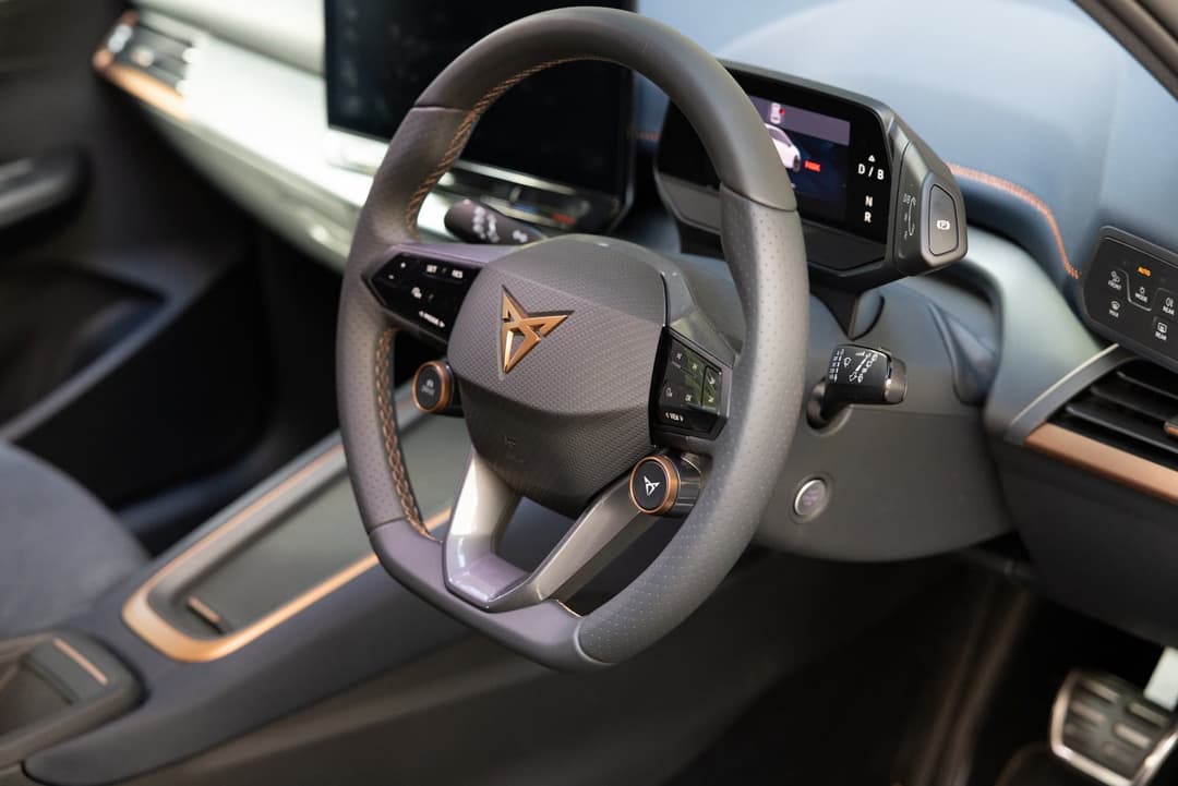Cupra Born interior steering wheel with copper accents Cupra Born interior steering wheel with copper accents