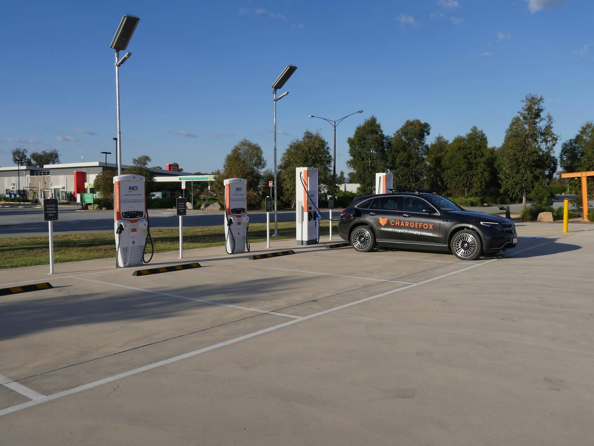 Chargefox RACQ EV charging hub with Mercedes-Benz EQC plugged-in