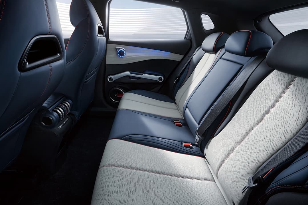 Blue BYD Atto 3 electric SUV rear row interior Blue BYD Atto 3 electric SUV rear row interior