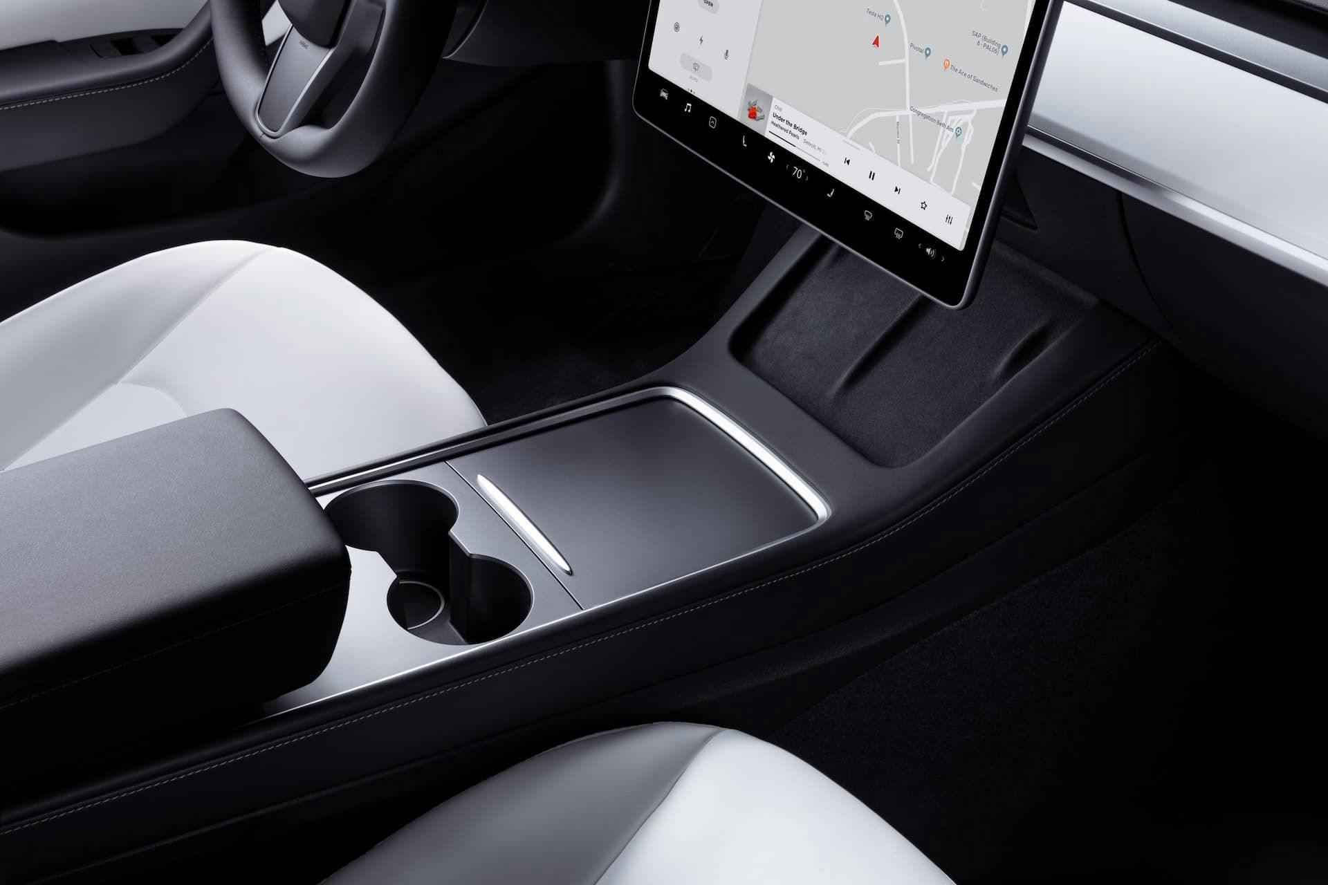 Tesla Model 3 interior wireless charging pad and centre console