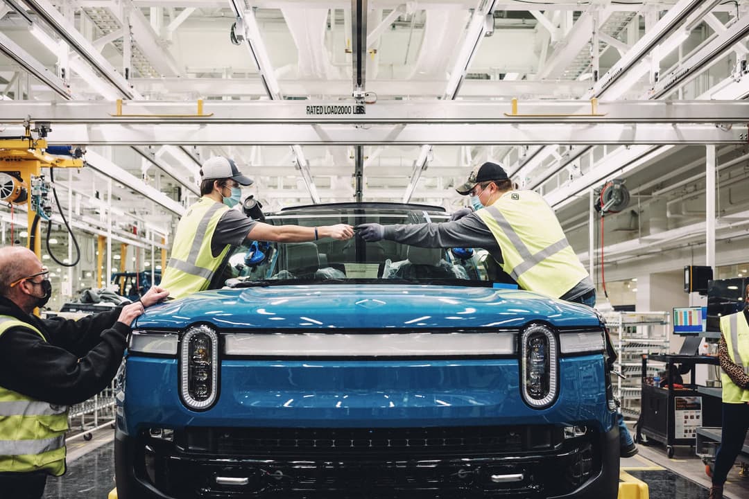 Blue Rivian R1T in factory Blue Rivian R1T in factory