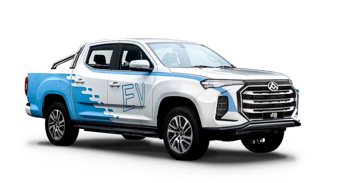 White LDV eT60 ute with blue EV stickers White LDV eT60 ute with blue EV stickers