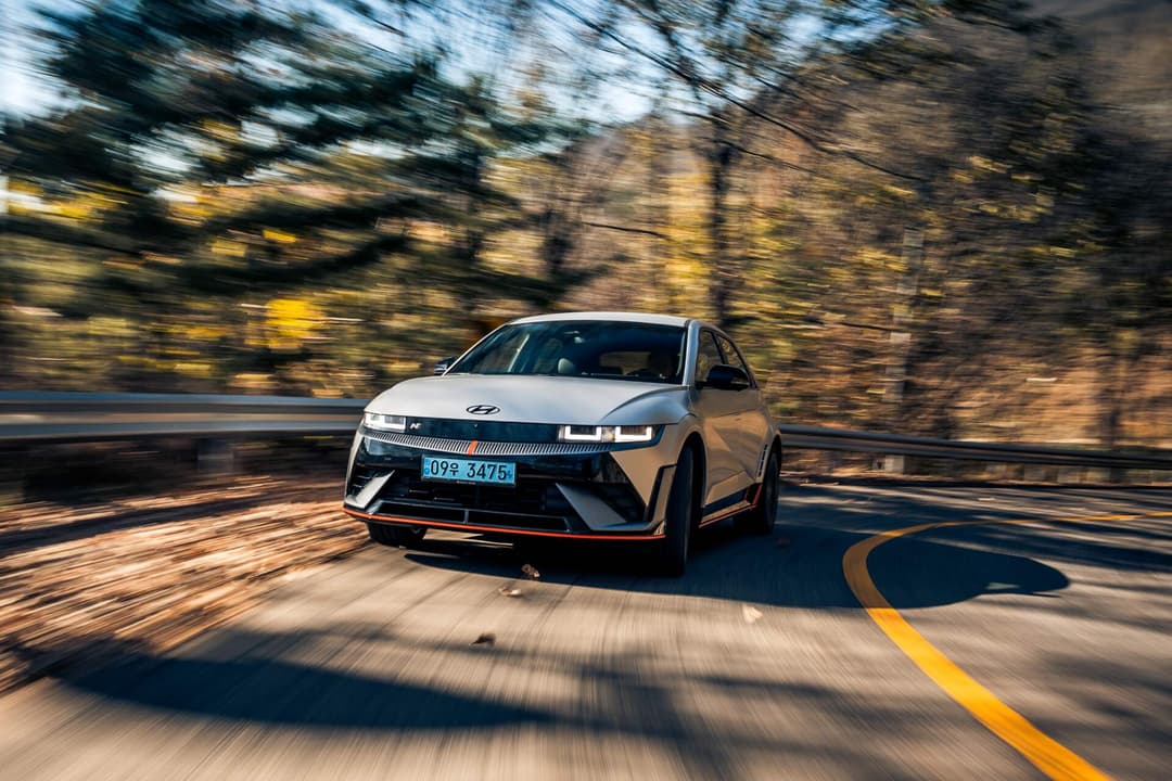 Hyundai Ioniq 5 N front view driving on road Hyundai Ioniq 5 N front view driving on road