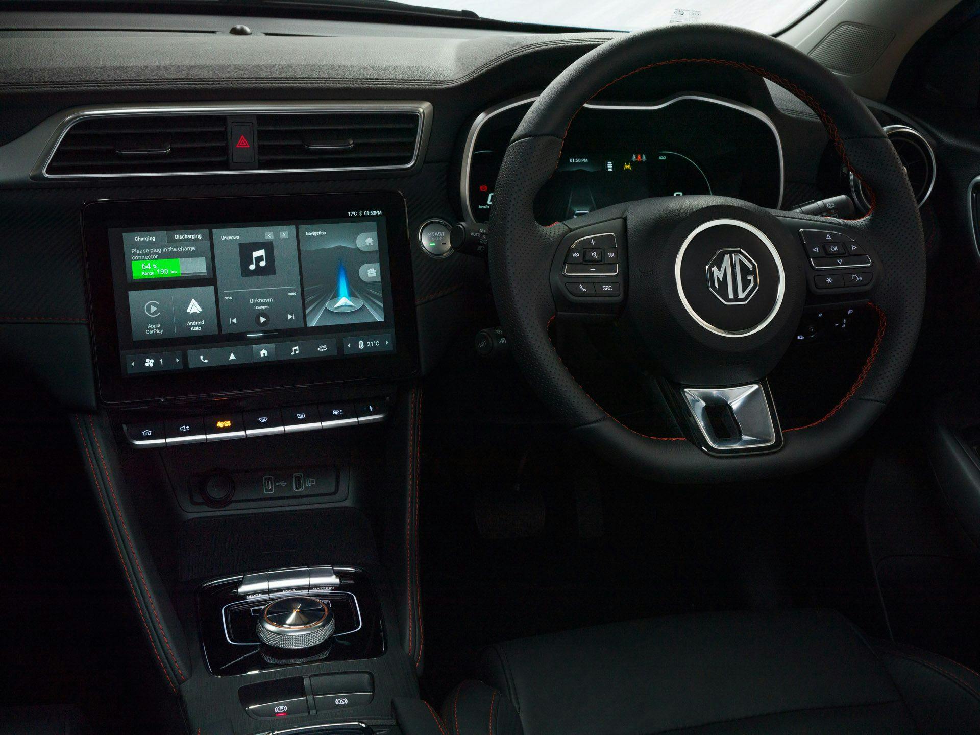MG ZS EV interior touchscreen and steering wheel