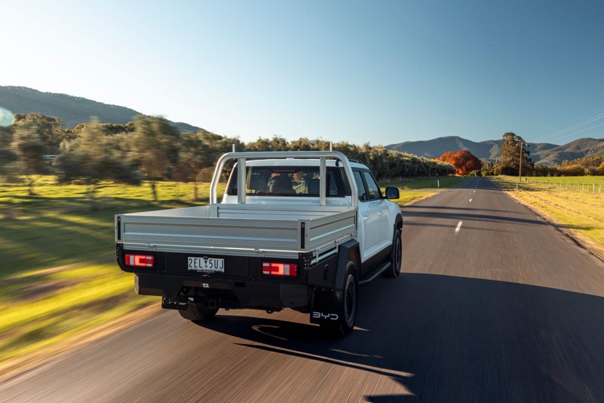 BYD Shark 6 Cab-Chassis with Ironman 4x4 tray fitted, showing its work-ready configuration for tradies and fleet buyers BYD Shark 6 Cab-Chassis with Ironman 4x4 tray fitted, showing its work-ready configuration for tradies and fleet buyers