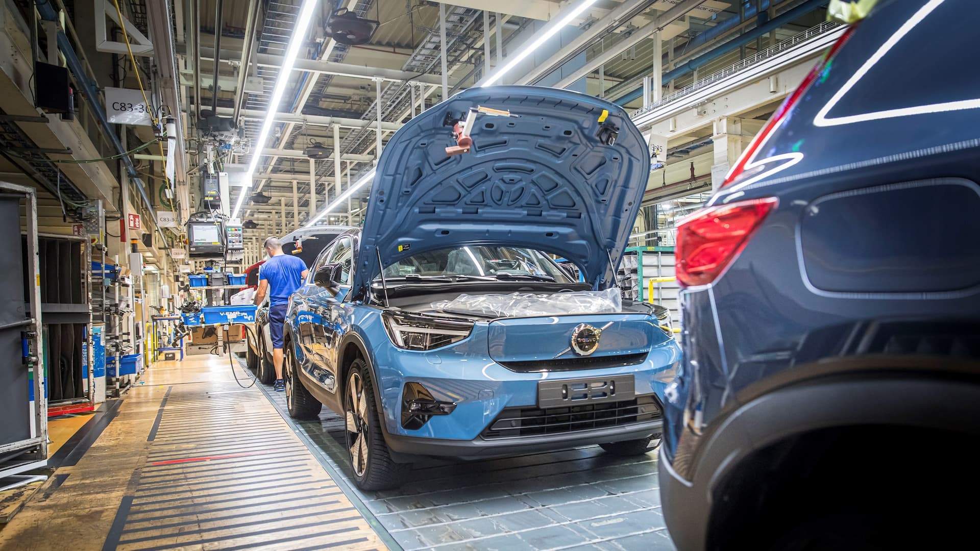 Blue Volvo C40 in factory assembly line Blue Volvo C40 in factory assembly line