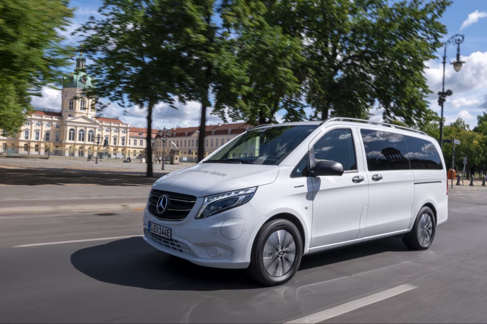 Mercedes-Benz eVito three quarter view driving on road Mercedes-Benz eVito three quarter view driving on road