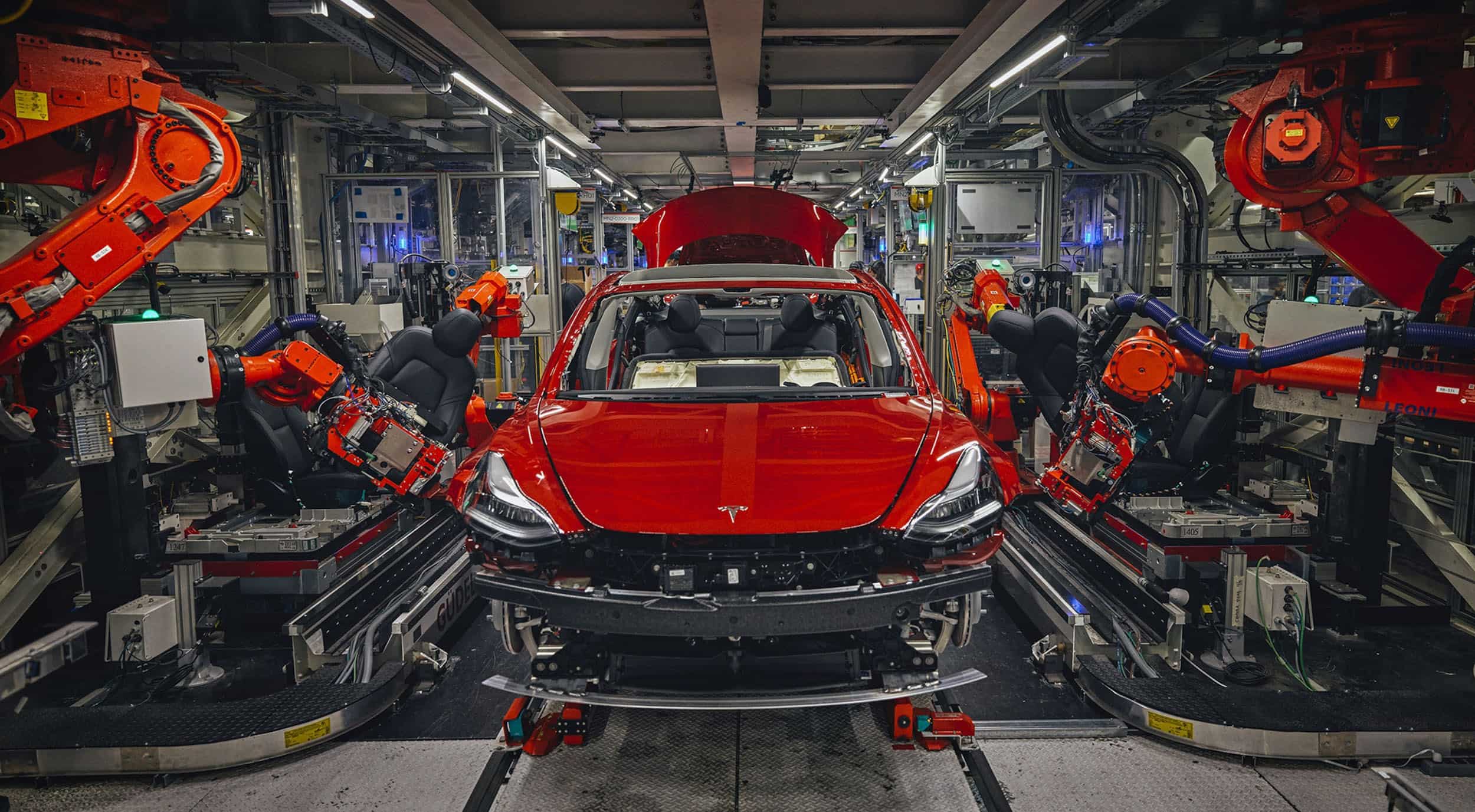 Tesla in Freemont factory assembly line Tesla in Freemont factory assembly line