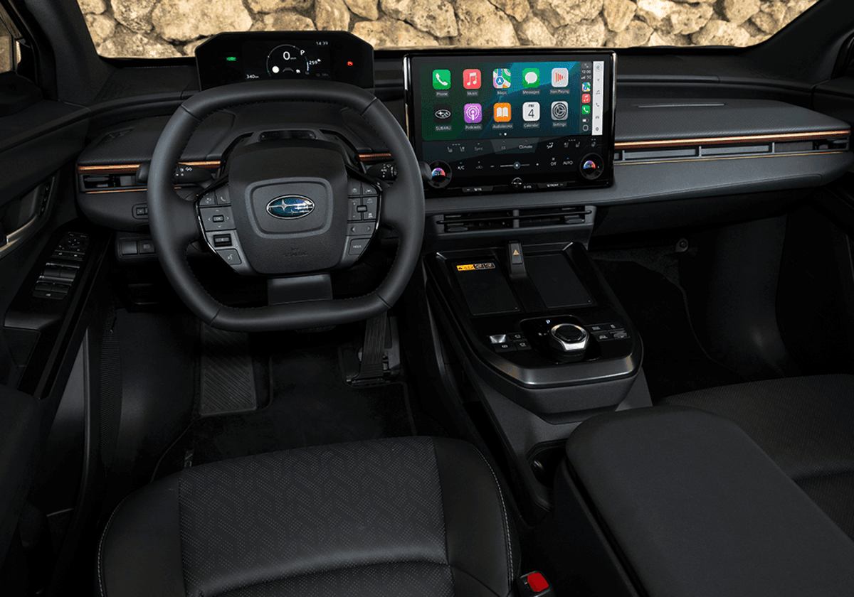 2026 Subaru Uncharted interior showing 14-inch touchscreen and square steering wheel 2026 Subaru Uncharted interior showing 14-inch touchscreen and square steering wheel