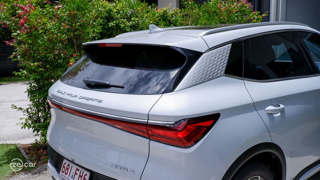 White BYD Atto 3 rear view White BYD Atto 3 rear view