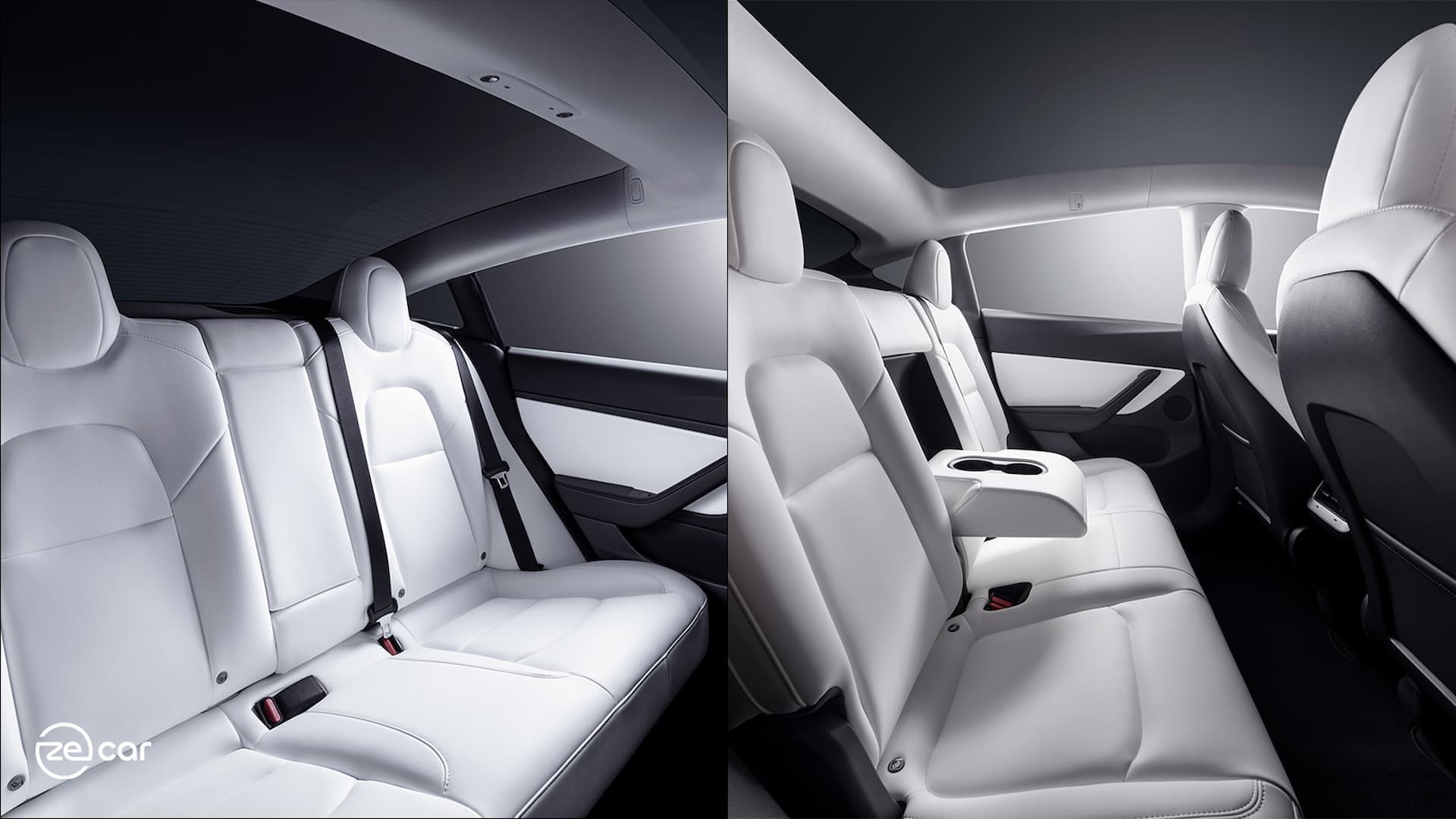Tesla Model 3 and Model Y side-by-side rear row interior Tesla Model 3 and Model Y side-by-side rear row interior