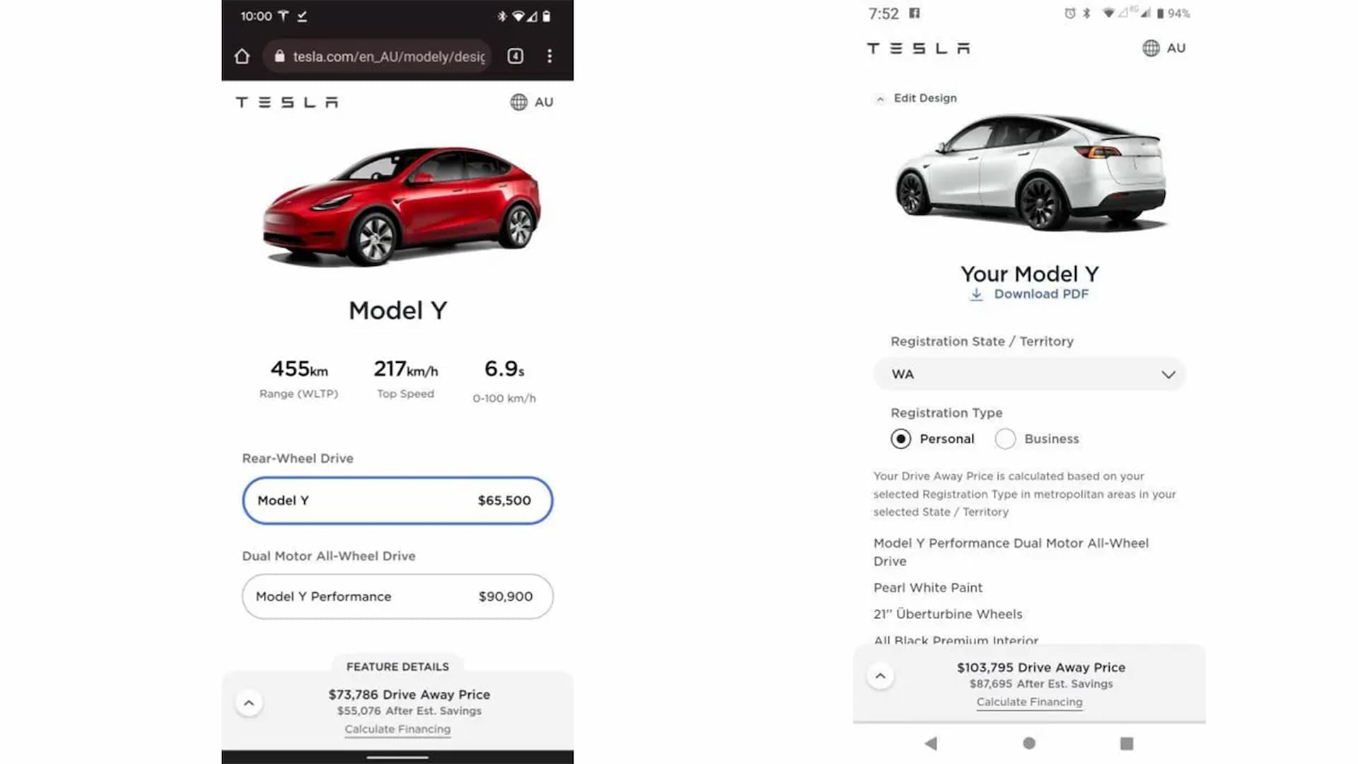 Screenshot of Australian Model Y order pages Screenshot of Australian Model Y order pages