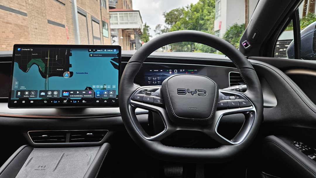 BYD Sealion 7 interior showing 15.6-inch rotating touchscreen and leather seats BYD Sealion 7 interior showing 15.6-inch rotating touchscreen and leather seats