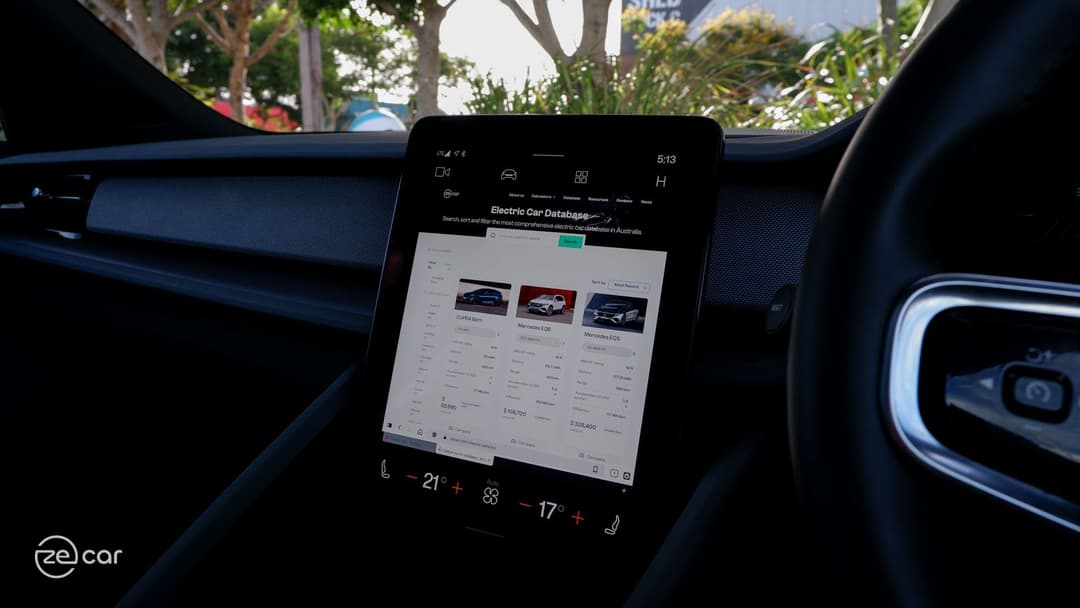Polestar 2 touchscreen showing zecar database and exterior front