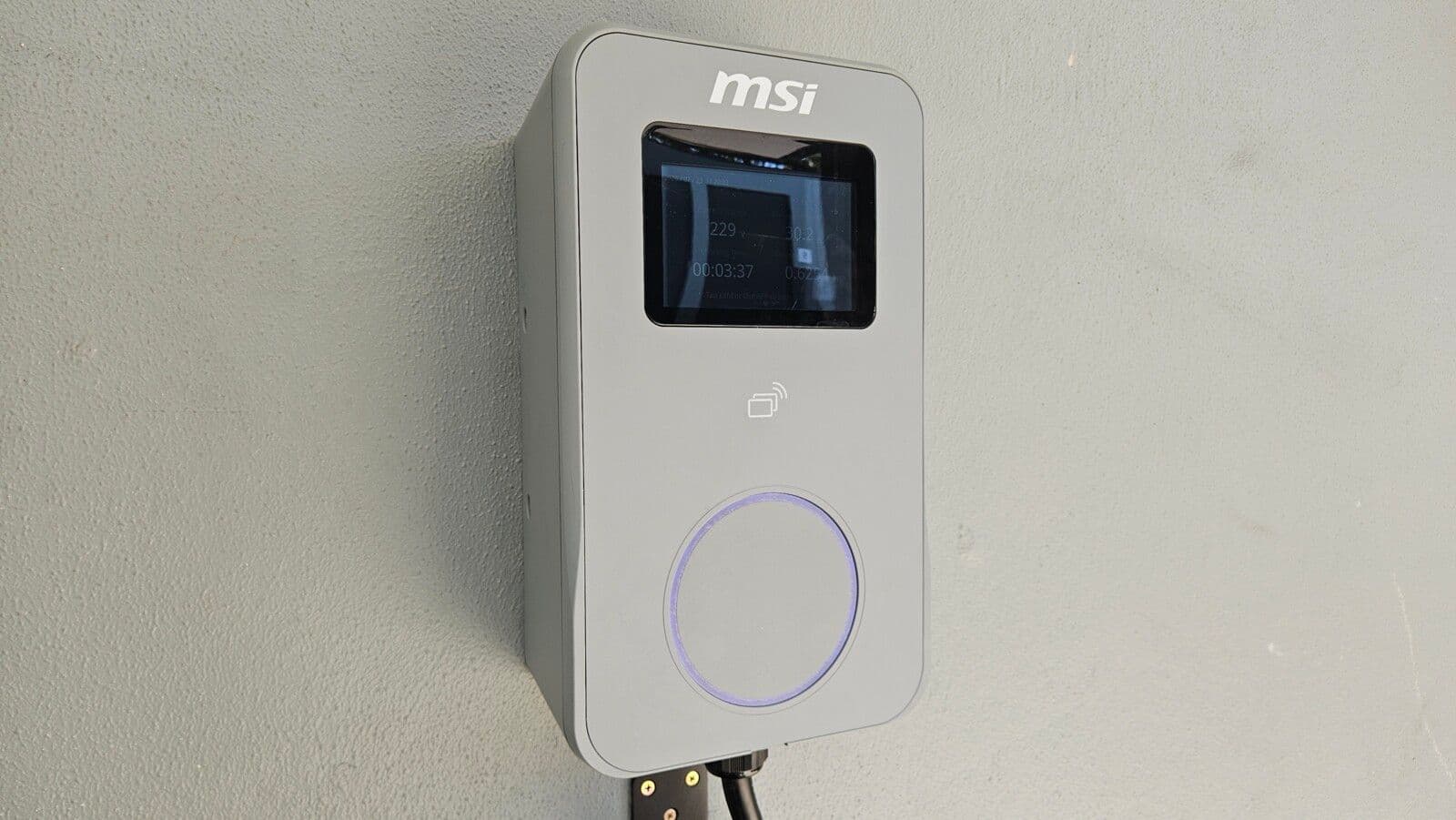 MSI Eco Series charger shown in Titan Gray and Matte White, with RFID sensor and LED status light labelled MSI Eco Series charger shown in Titan Gray and Matte White, with RFID sensor and LED status light labelled