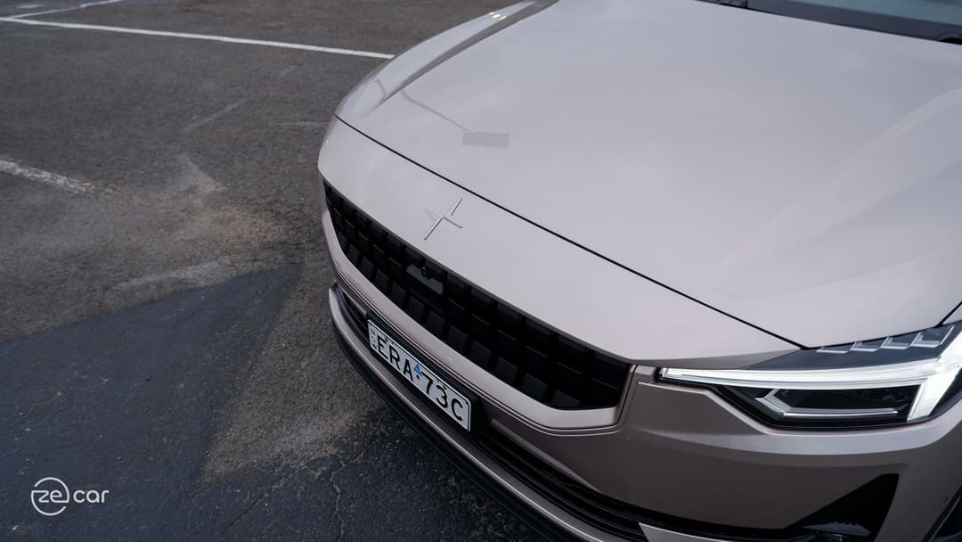 Polestar 2 touchscreen showing zecar database and exterior front