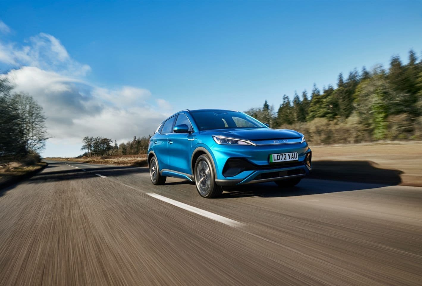 Blue BYD Atto 3 driving in UK Blue BYD Atto 3 driving in UK