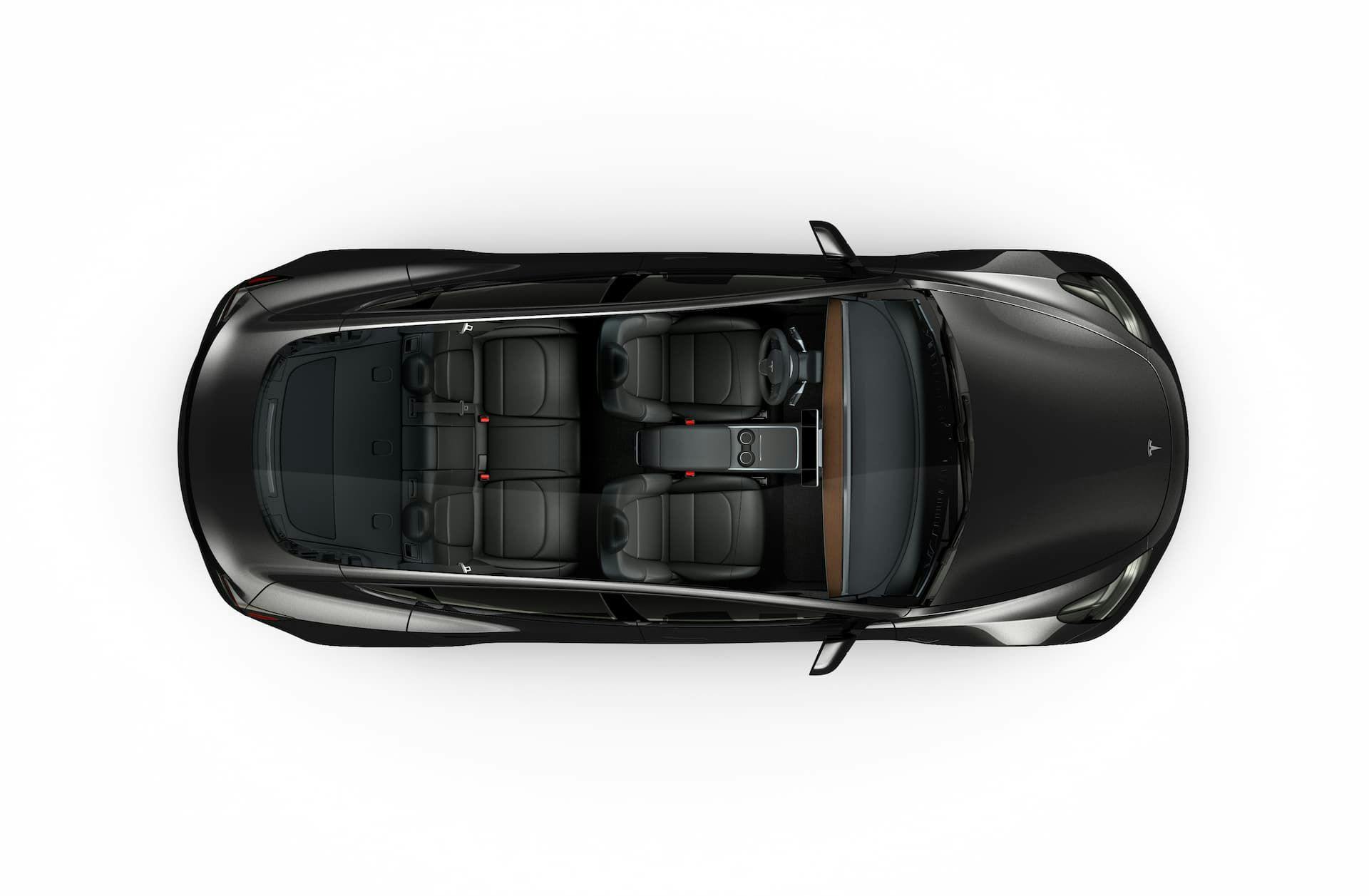 Black Tesla Model 3 Performance EV top-down view