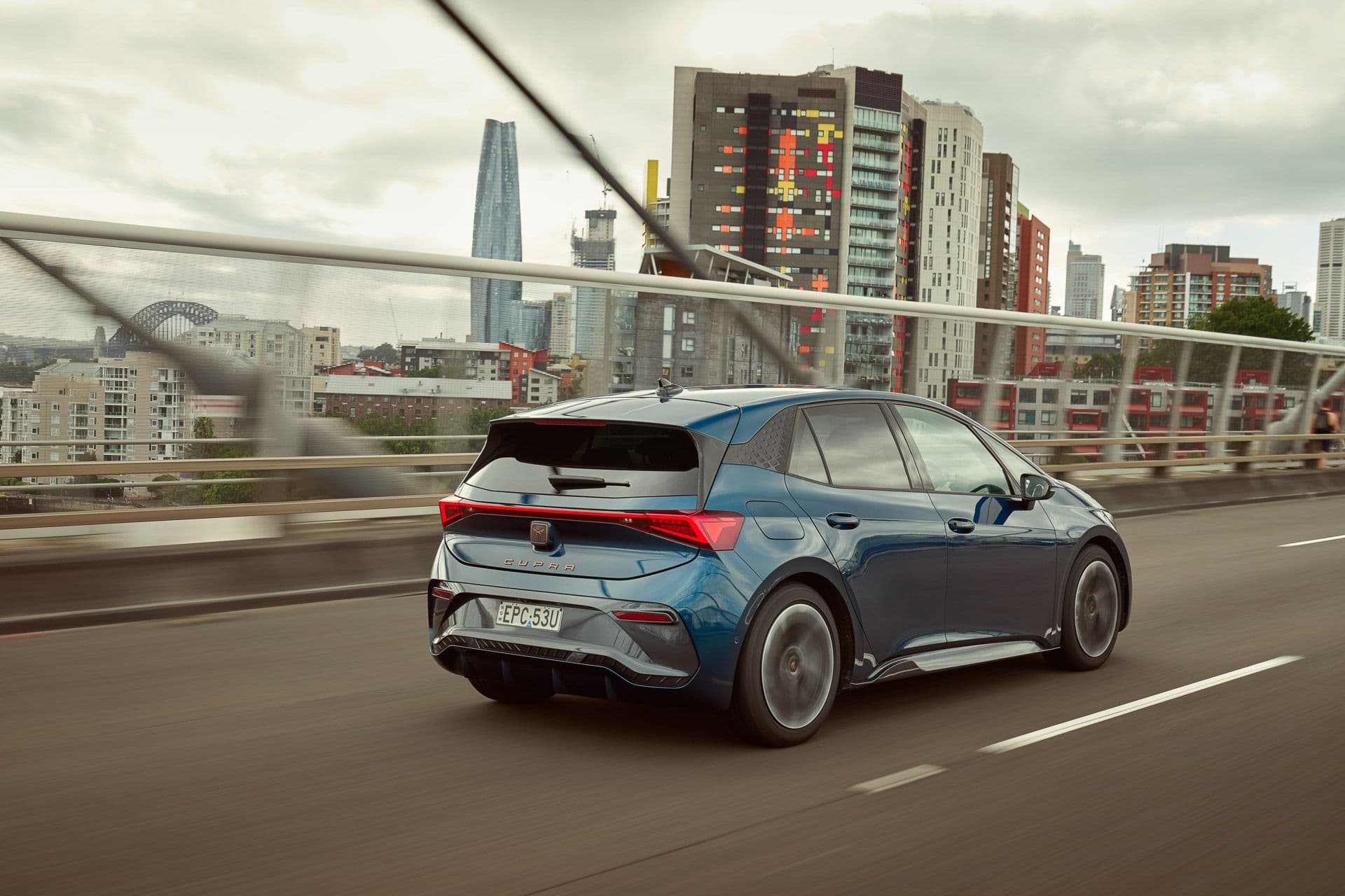 Cupra Born driving in Sydney rear view Cupra Born driving in Sydney rear view