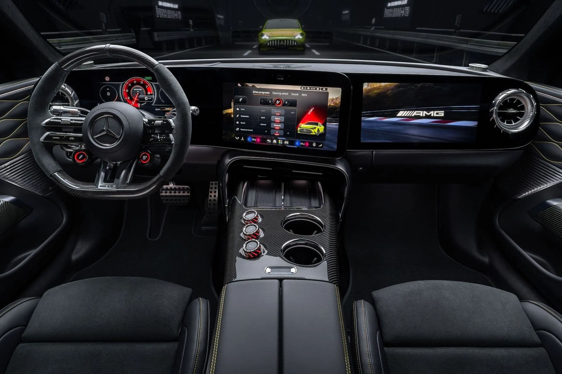 Mercedes-AMG GT EV interior showing 14-inch central touchscreen and AMG Performance steering wheel Mercedes-AMG GT EV interior showing 14-inch central touchscreen and AMG Performance steering wheel