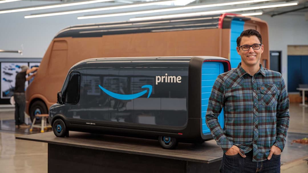 Rivian founder and CEO RJ Scaringe in front of EDV for Amazon Prime Rivian founder and CEO RJ Scaringe in front of EDV for Amazon Prime