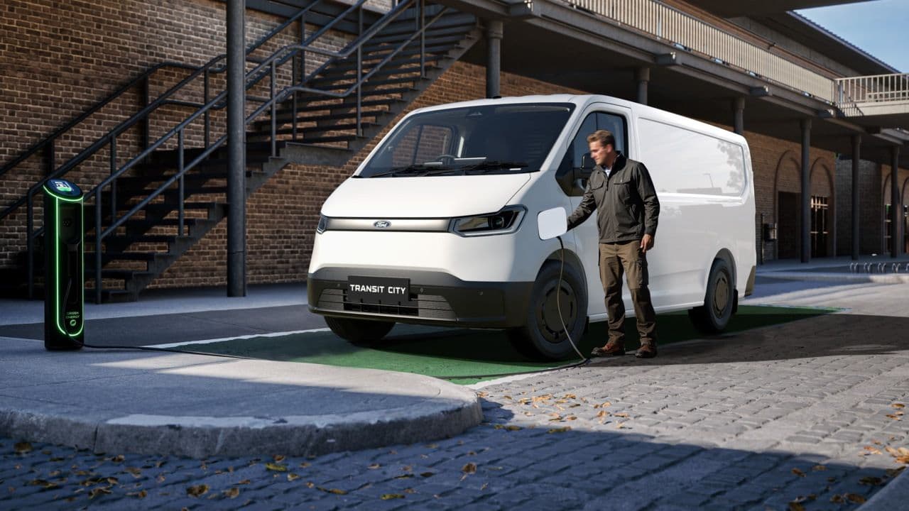 Ford Transit City electric van plugged in and DC fast charging Ford Transit City electric van plugged in and DC fast charging