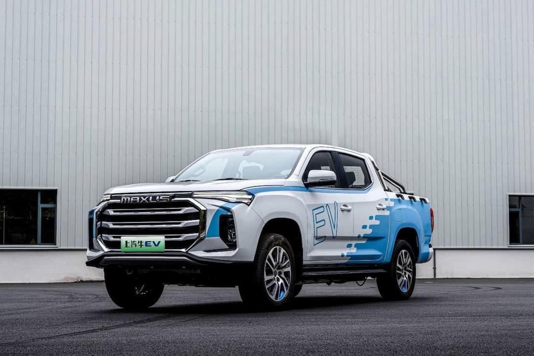 White Maxus/LDV T90 electric ute exterior with blue EV stickers White Maxus/LDV T90 electric ute exterior with blue EV stickers