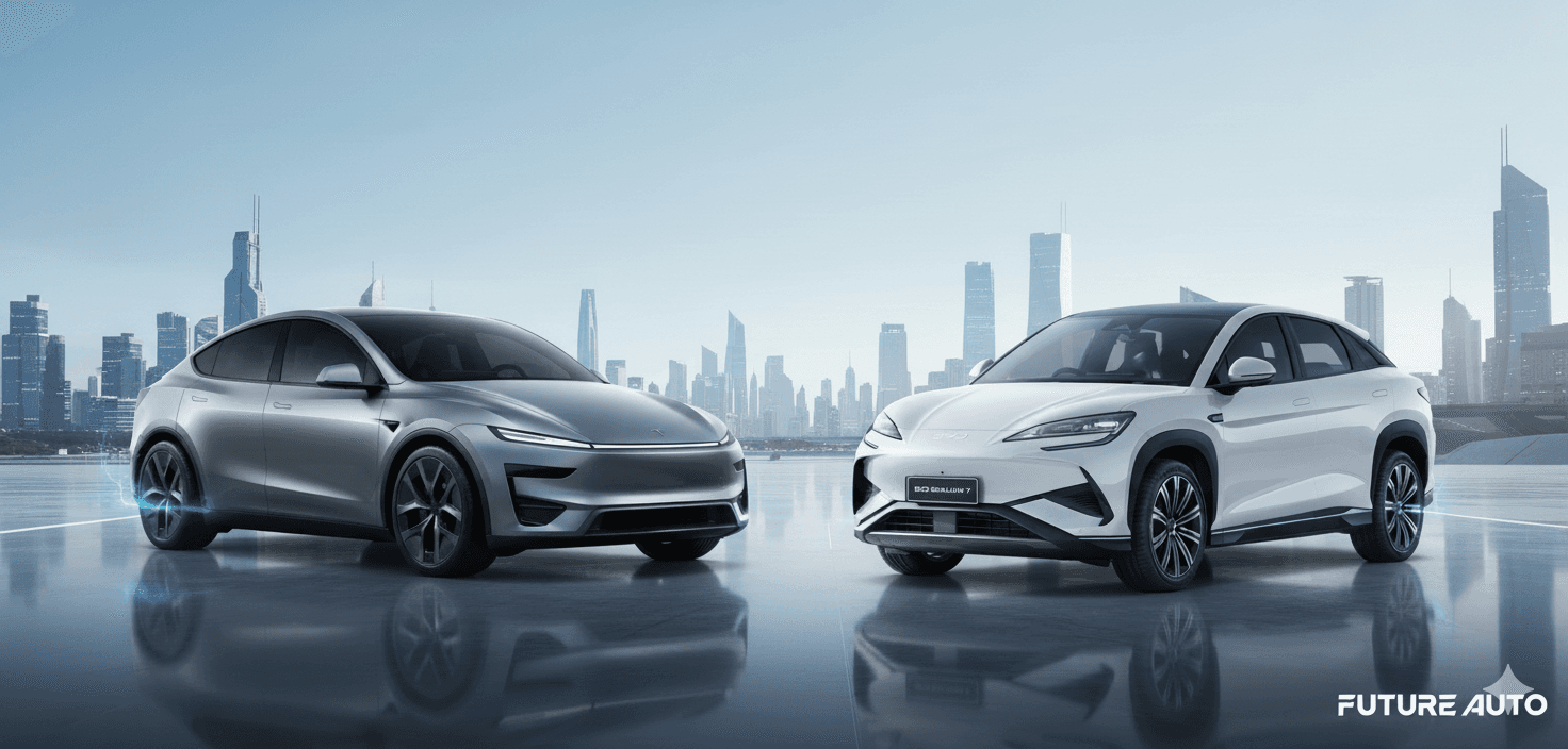 two evs parked side by side with a cinematic view behind two evs parked side by side with a cinematic view behind