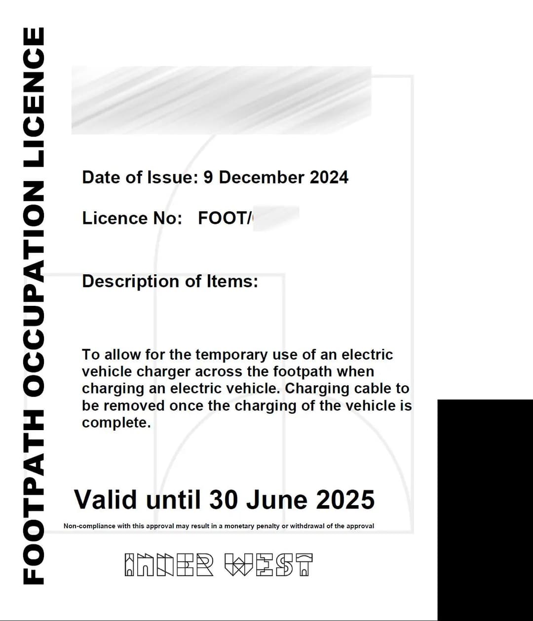 Inner West Council permit to allow safe EV charging via cable over footpath Inner West Council permit to allow safe EV charging via cable over footpath