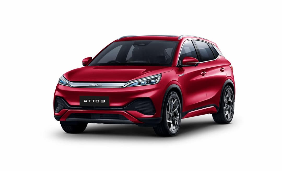 Red BYD Atto 3 electric SUV front Red BYD Atto 3 electric SUV front