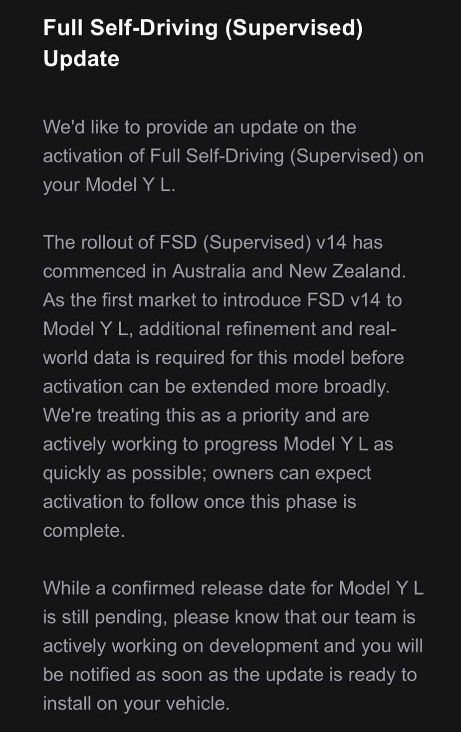 Email from Tesla regarding FSD update for Tesla Model Y L Email from Tesla regarding FSD update for Tesla Model Y L
