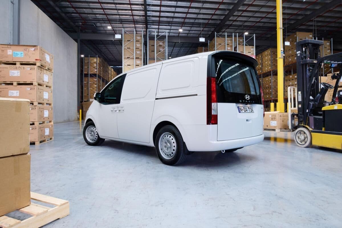 2027 Hyundai Staria Load Electric van, rear three-quarter view with Electric badge 2027 Hyundai Staria Load Electric van, rear three-quarter view with Electric badge