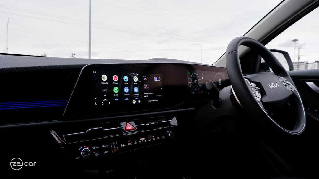 Kia Niro EV interior touchscreen with Android Auto and steering wheel Kia Niro EV interior touchscreen with Android Auto and steering wheel