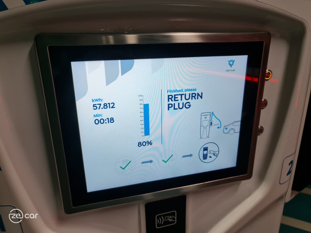 Evie Networks Tritium charger screen showing 80 per cent charge in 18 minutes Evie Networks Tritium charger screen showing 80 per cent charge in 18 minutes