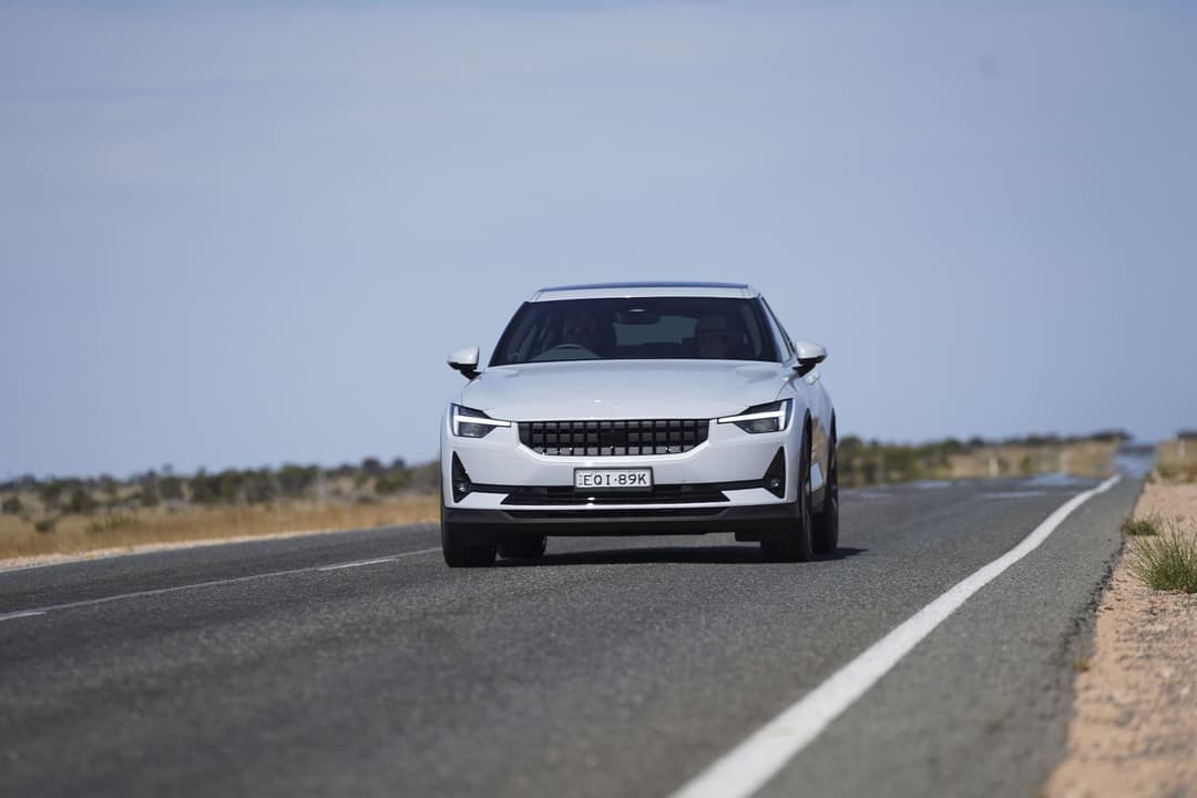 Polestar 2 electric car on the freeway Polestar 2 electric car on the freeway