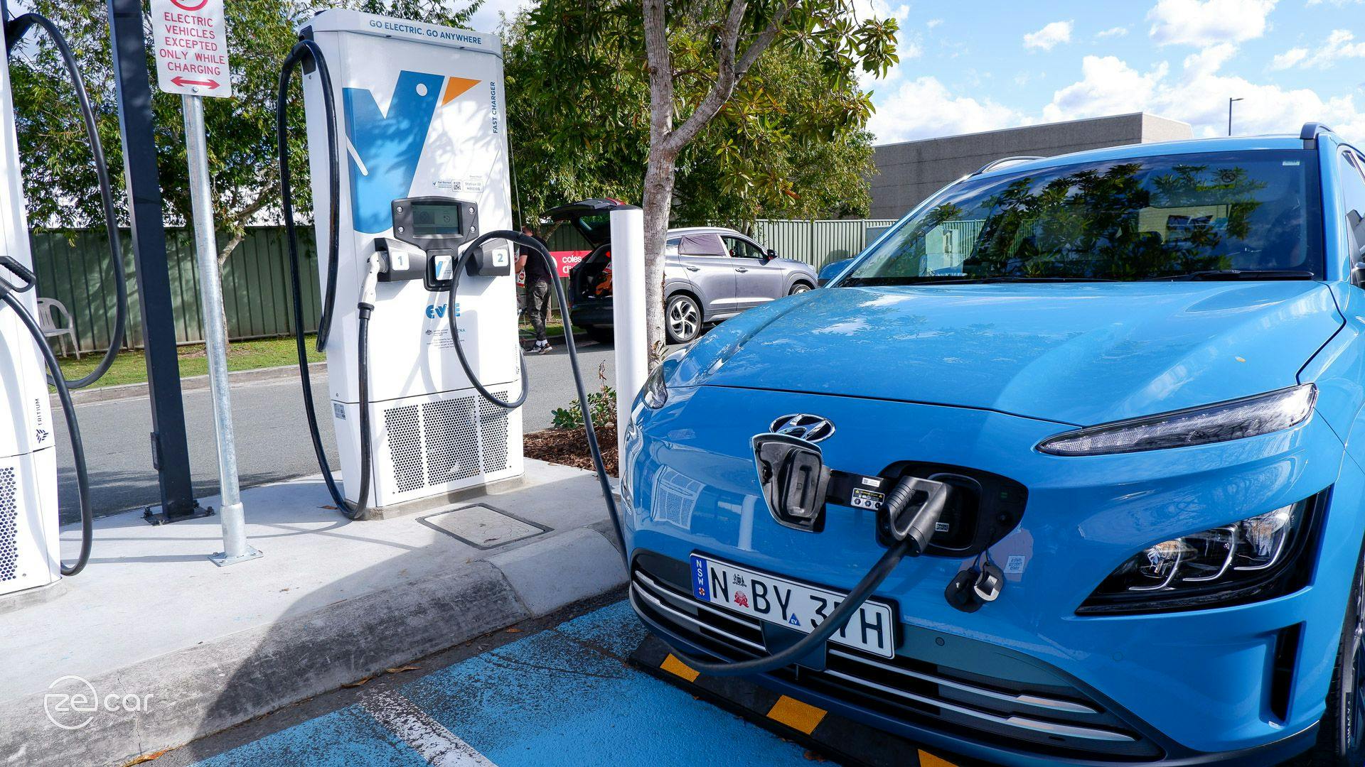Hyundai Kona Electric plugged-in at Evie Tritium charger
