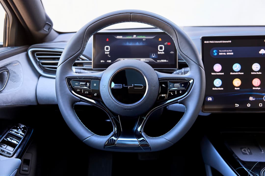 BYD Seal Steering wheel closeup with instrument cluster BYD Seal Steering wheel closeup with instrument cluster