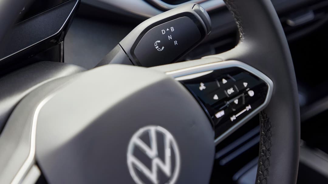 Volkswagen ID.5 driver's wheel zoomed in Volkswagen ID.5 driver's wheel zoomed in