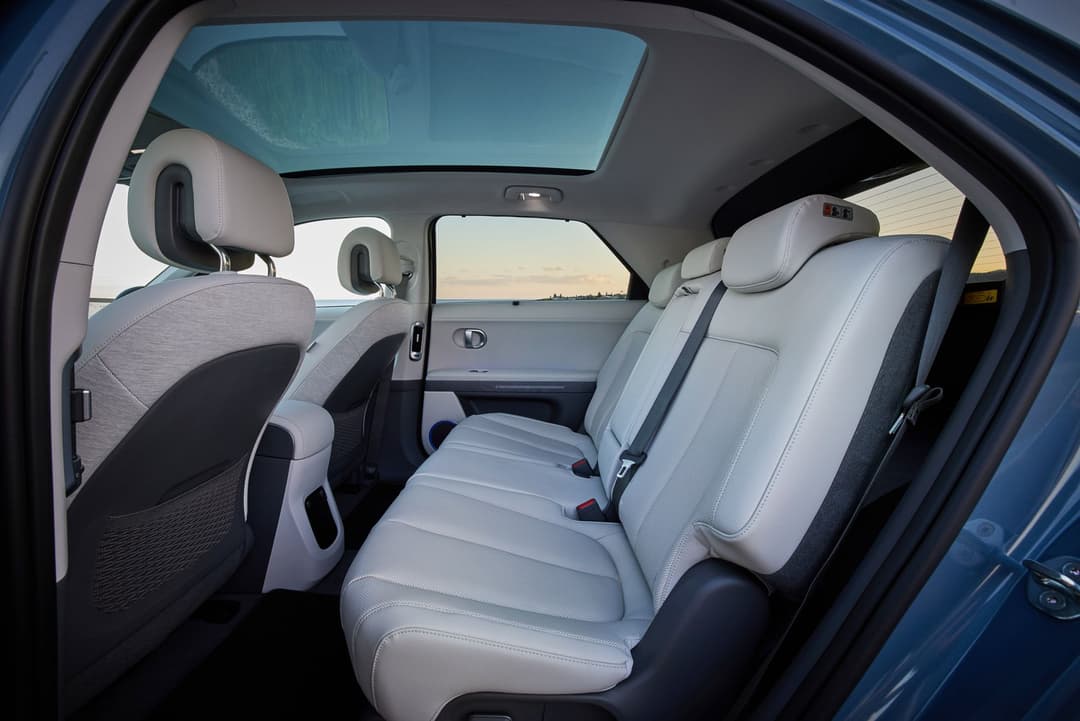 Hyundai Ioniq 5 rear row seats white interior Hyundai Ioniq 5 rear row seats white interior