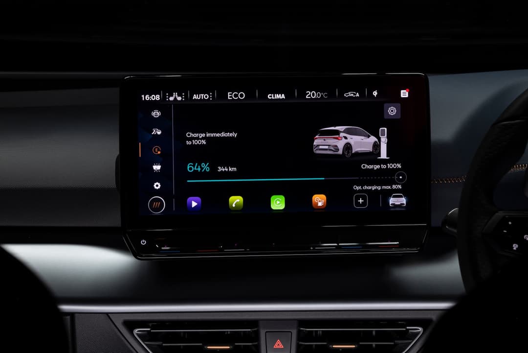 Cupra Born touchscreen displaying EV charging screen Cupra Born touchscreen displaying EV charging screen